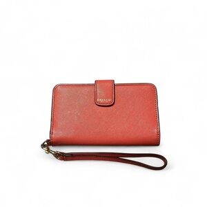 Coach Leather Snap Wallet Wristlet, Coral with Gold Hardware